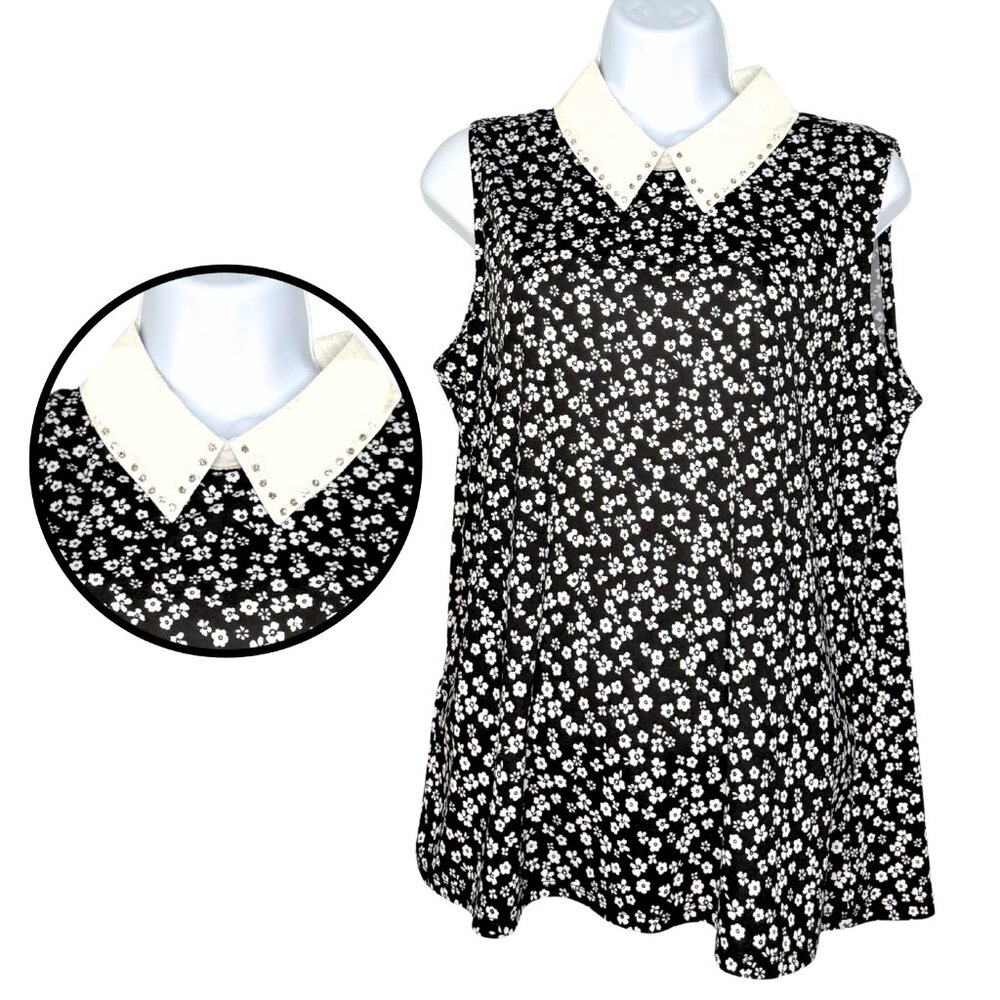 AUW Black Floral Sleeveless Top, Jeweled White Collar SZ: L